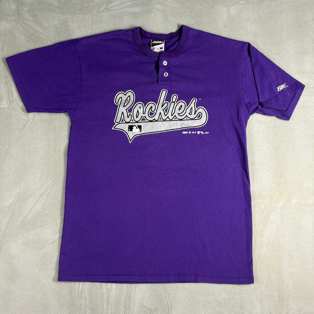 Vintage 1997 Colorado Rockies MLB Purple Henley T-Shirt Michael #9 Size Medium